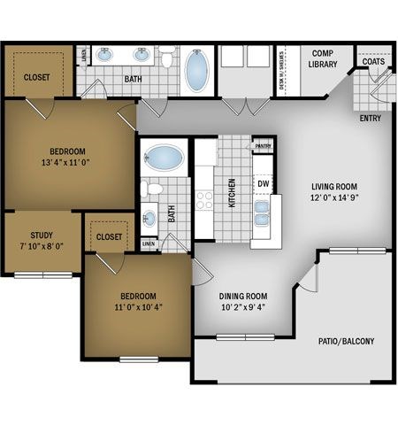 Floor plan for 2 beds, 2 baths, 1099 sqft